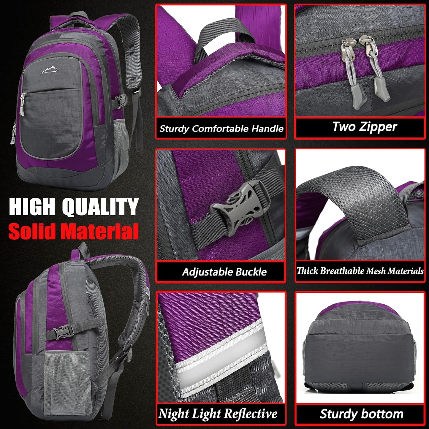 Proetrade Purple A Backpack - Stylish & Durable Bookbag for College, Travel & Hiking, Fits 15.6" Laptop, Multi-Compartment Design with Night Light & Reflective Details, Perfect Gift for Men & Women!