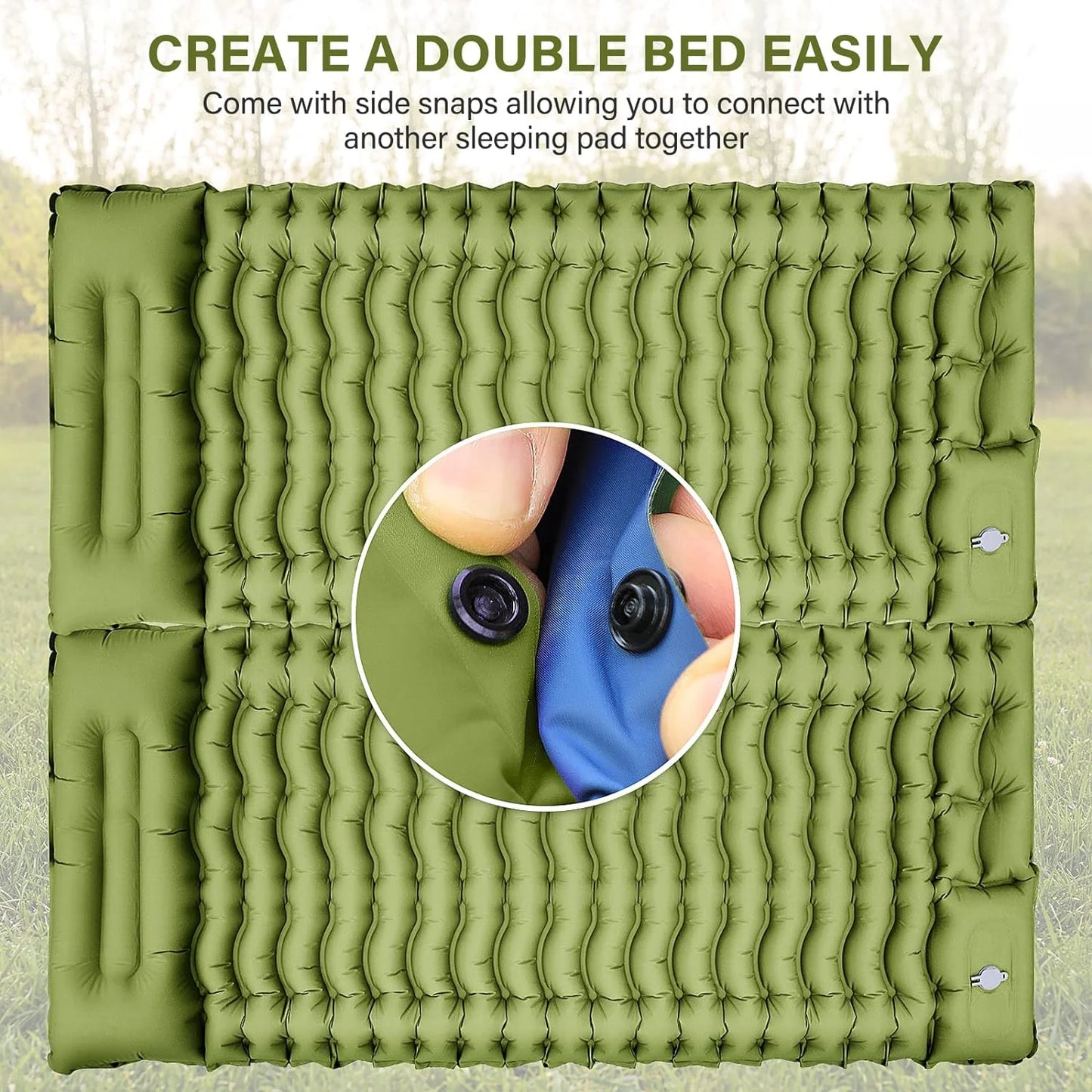 Image of a camping pad with a built-in pillow, featuring an extra-wide ripple air cell design, ultralight construction, and durable materials, ideal for backpacking and emergency preparedness, displayed on a clean white background.