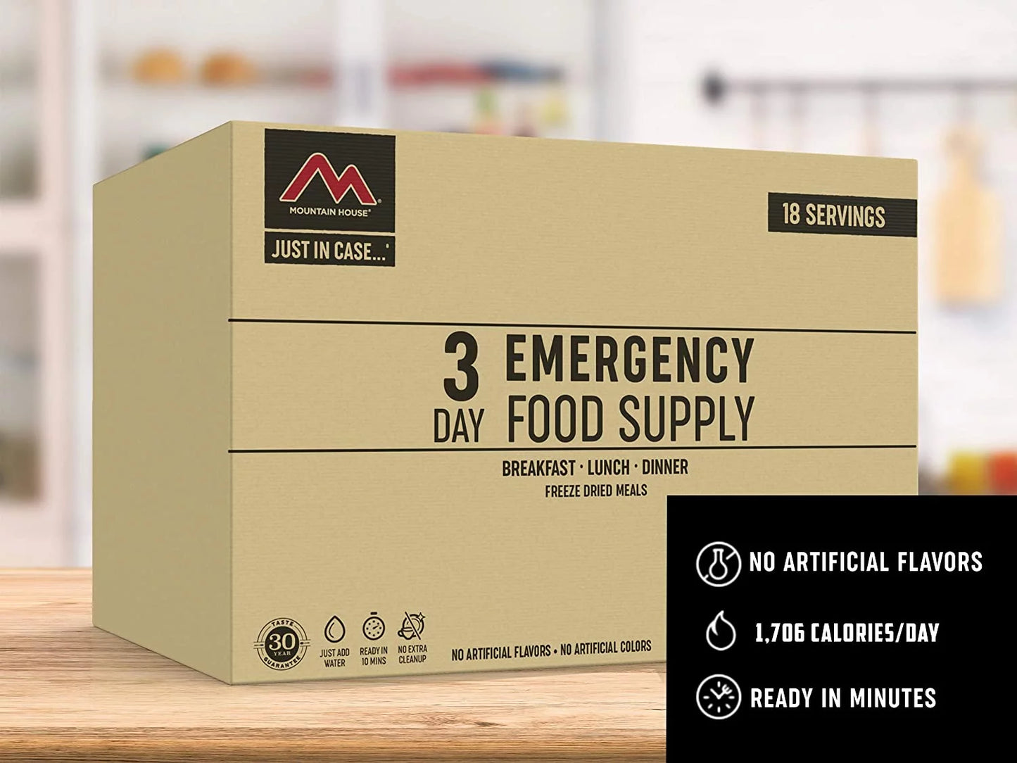 "Mountain House 3-Day Emergency Food Supply - 18 servings of premium freeze-dried meals for emergency prep and outdoor adventures."