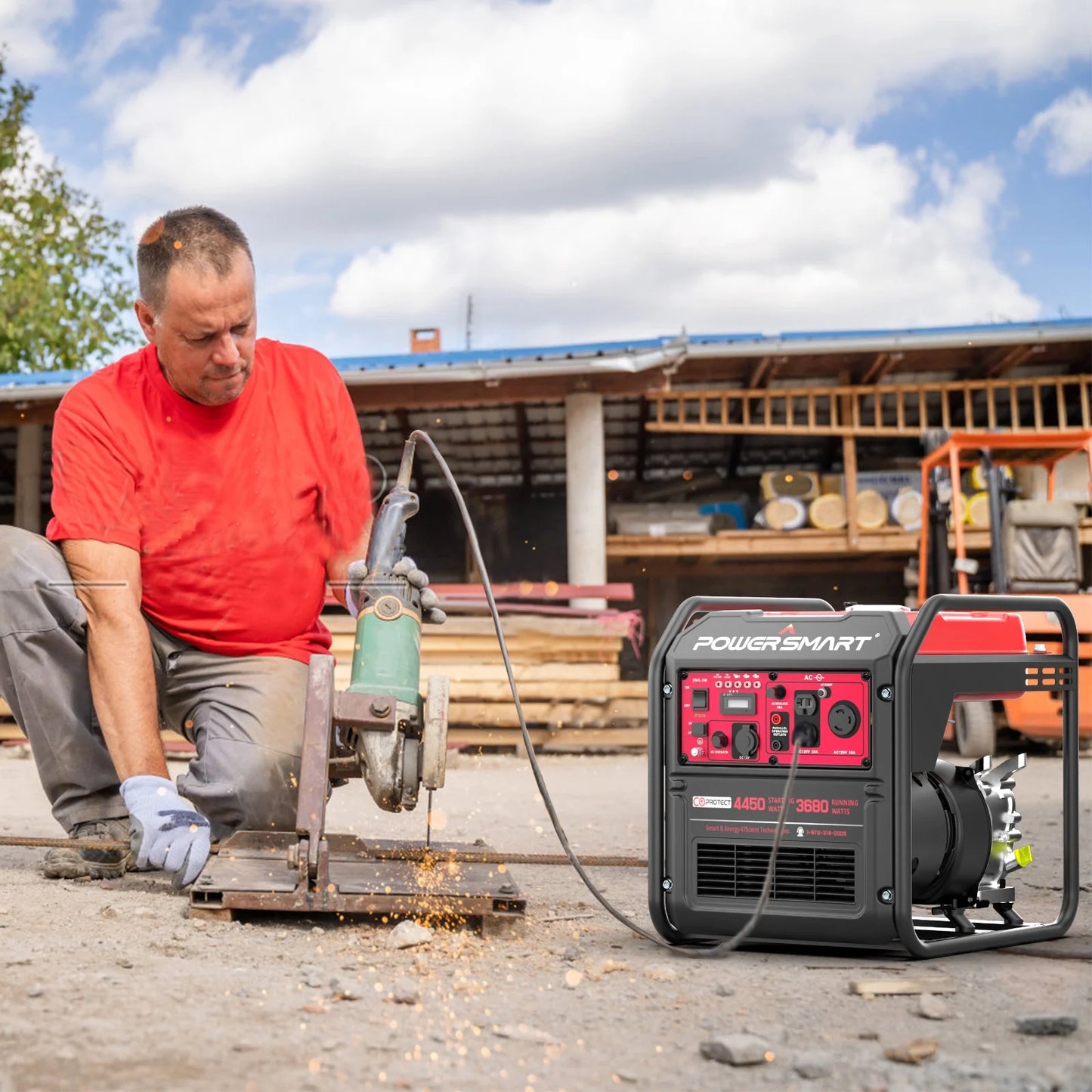 Image of a 4450-watt gas-powered inverter generator, featuring a compact design and EPA compliance, perfect for outdoor adventures and home backup, displayed on a clean white background.