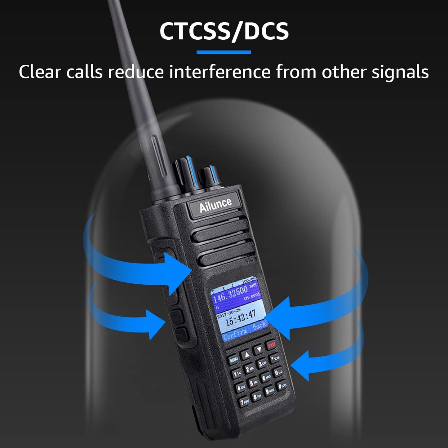 Image of the HD1 Dual Band Two-Way Radio featuring a durable design, long-range capability, and emergency alarm, ideal for outdoor adventures and emergency preparedness, displayed on a clean white background.