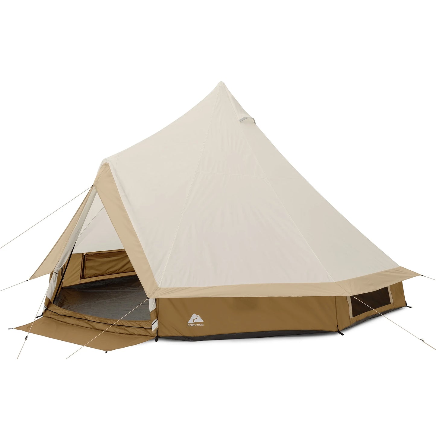 "8-Person Instant Cabin Tent set up in a campsite, showcasing its spacious interior, LED lighted poles, and durable design."
