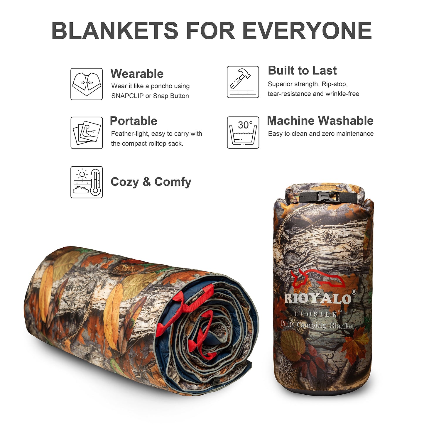 All-weather camping blanket with waterproof design, reflective inner layer for warmth, and military-inspired durability. Perfect for emergencies, camping, and survival.