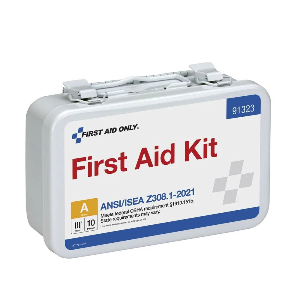 "ANSI Class A+ 351 First Aid Kit in a durable metal case with wall mount, showcasing its organized and OSHA-compliant design."