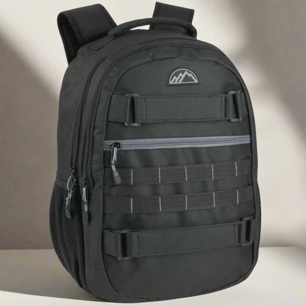 Heavy Duty 19 Inch Dual Compartment Laptop Backpack in black, featuring spacious compartments, skateboard straps, and a durable design. Perfect for carrying laptops, books, and gear for work, school, travel, or outdoor adventures.