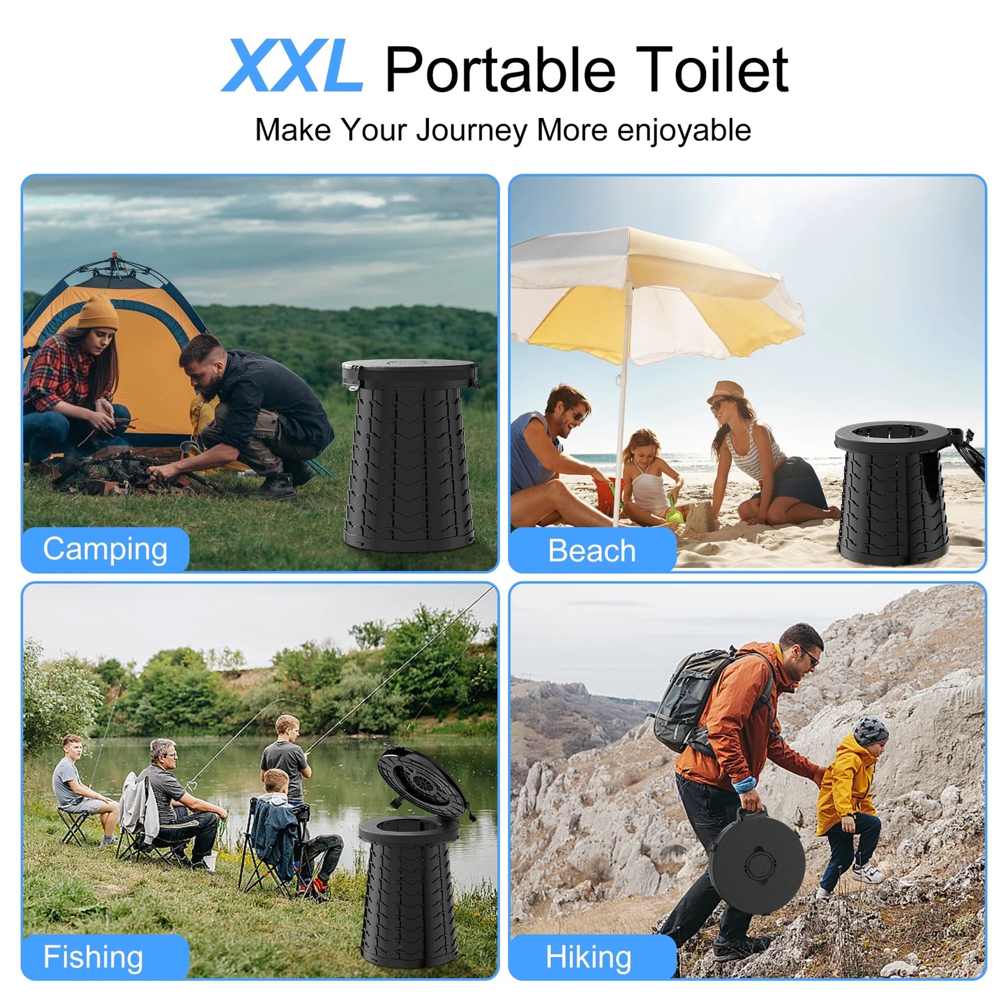 Image of a portable toilet with a 380lb capacity, featuring adjustable height, foldable design, and durable build, ideal for camping and emergency preparedness, displayed on a clean white background.