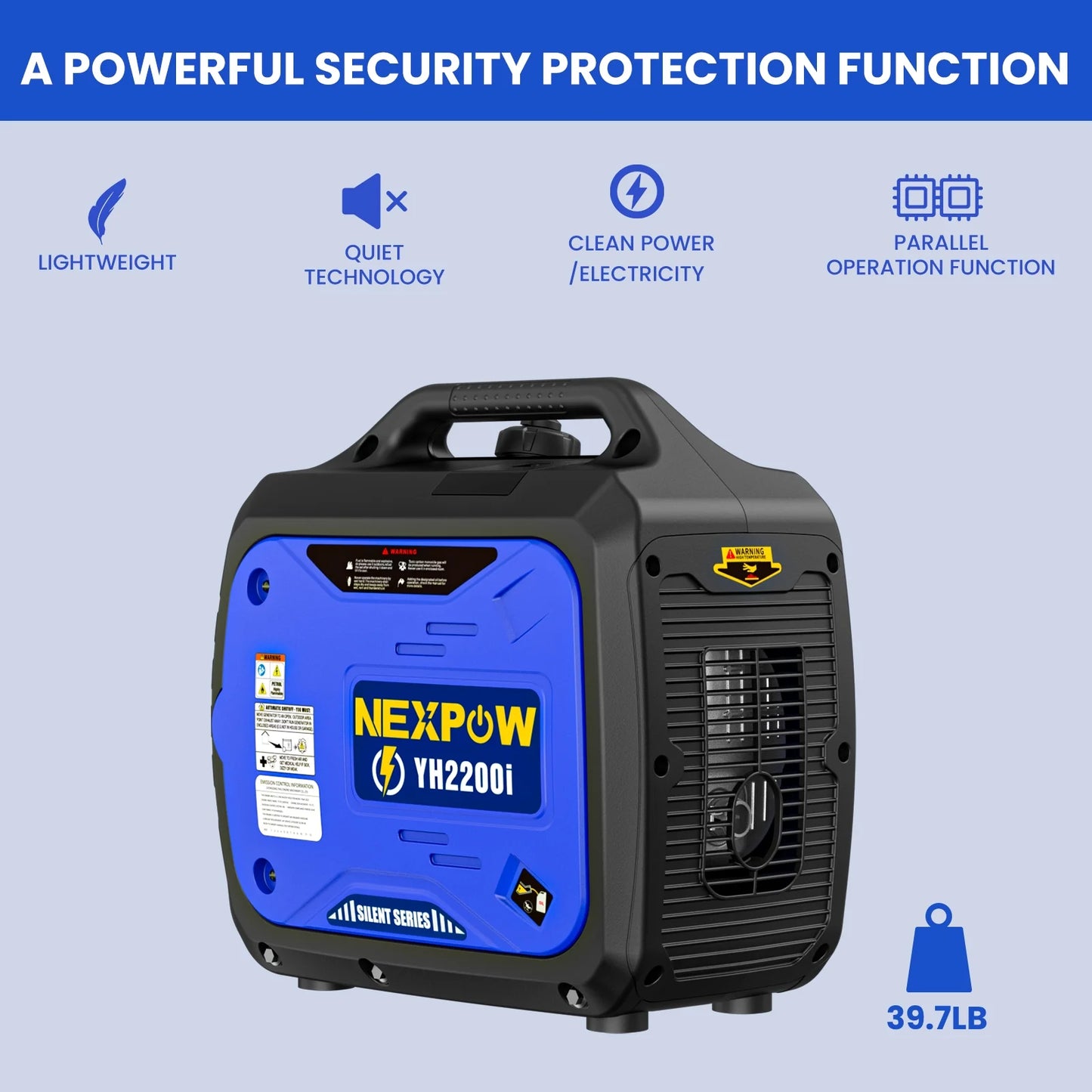 Image of the 2250W Super Quiet Gasoline Generator featuring a compact design, eco-mode, parallel capability, and USB ports, ideal for home backup and camping, displayed on a clean white background.