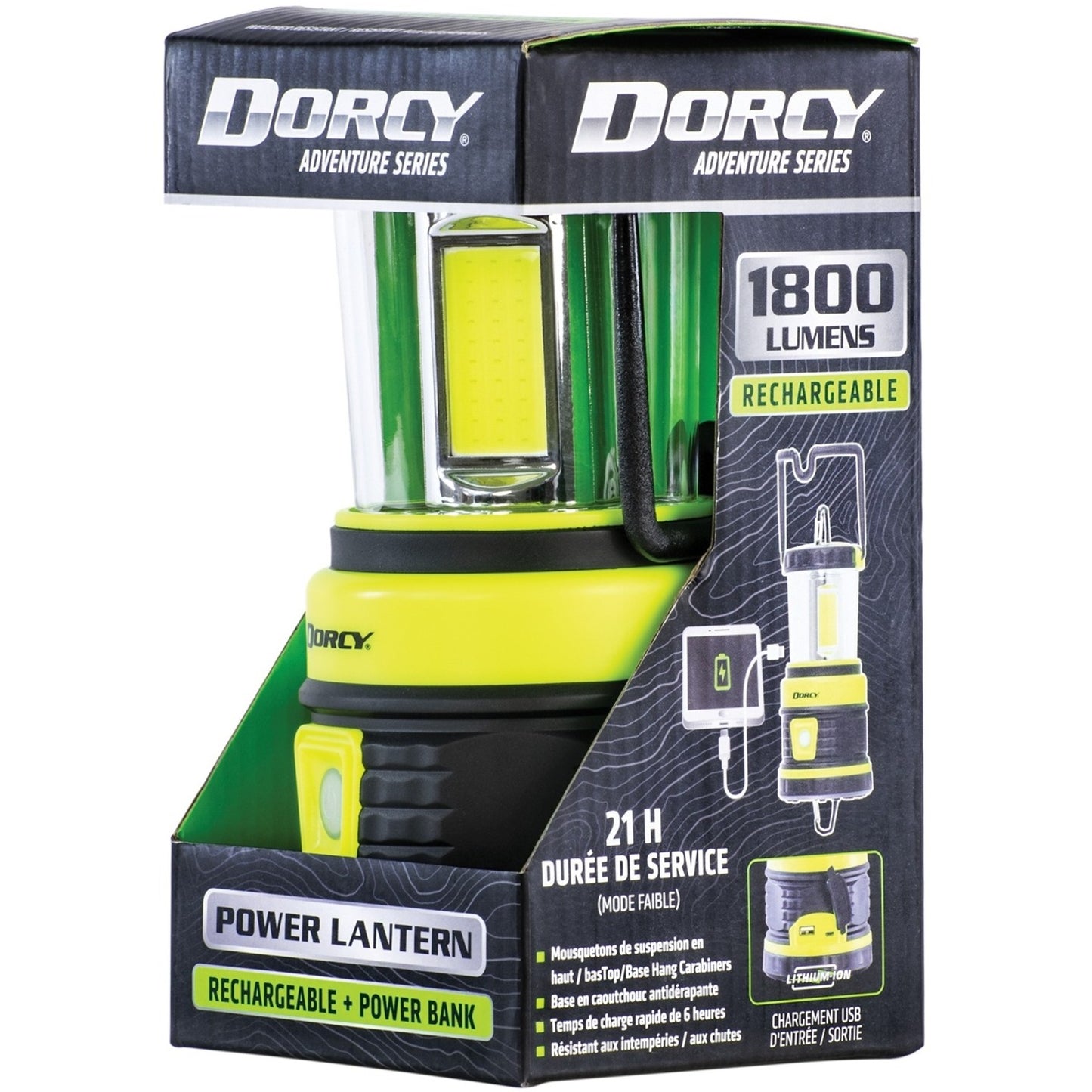 Image of the Dorcy 1800 Lumens Portable Camping Lantern featuring high brightness, multiple light modes, and a USB charging port, ideal for outdoor adventures and emergency preparedness, displayed on a clean white background.