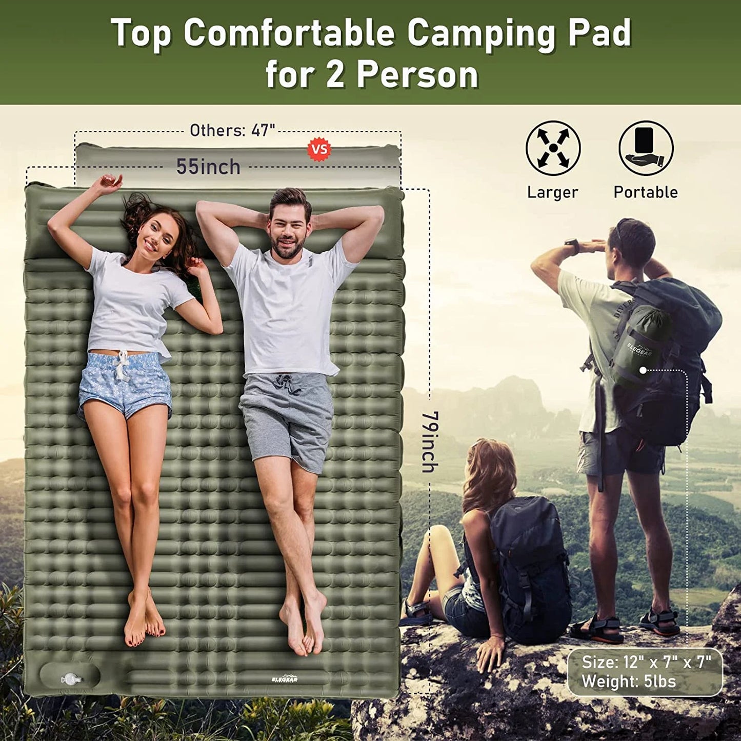 Image of a double camping pad with a 79"x55" size, featuring a built-in foot pump, waterproof 40D nylon material, and ripple air cell design, ideal for camping and emergency preparedness, displayed on a clean white background.