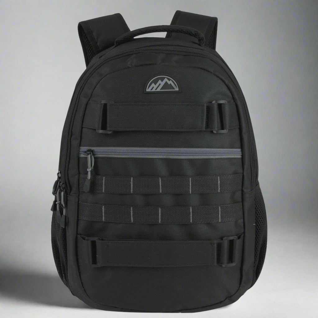 Heavy Duty 19 Inch Dual Compartment Laptop Backpack in black, featuring spacious compartments, skateboard straps, and a durable design. Perfect for carrying laptops, books, and gear for work, school, travel, or outdoor adventures.