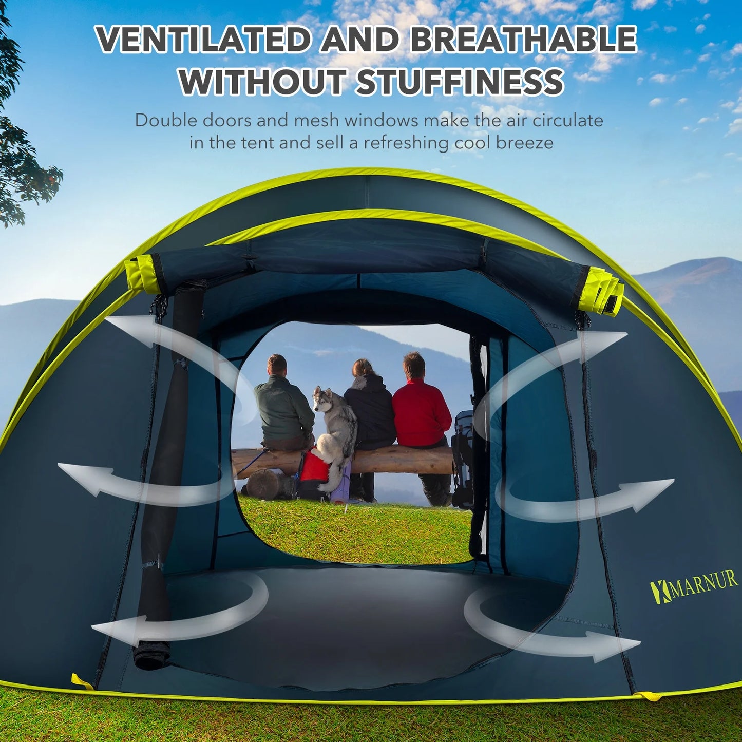 "4-Person Waterproof Pop-Up Instant Tent - spacious doors and windows, dark blue, perfect for camping."