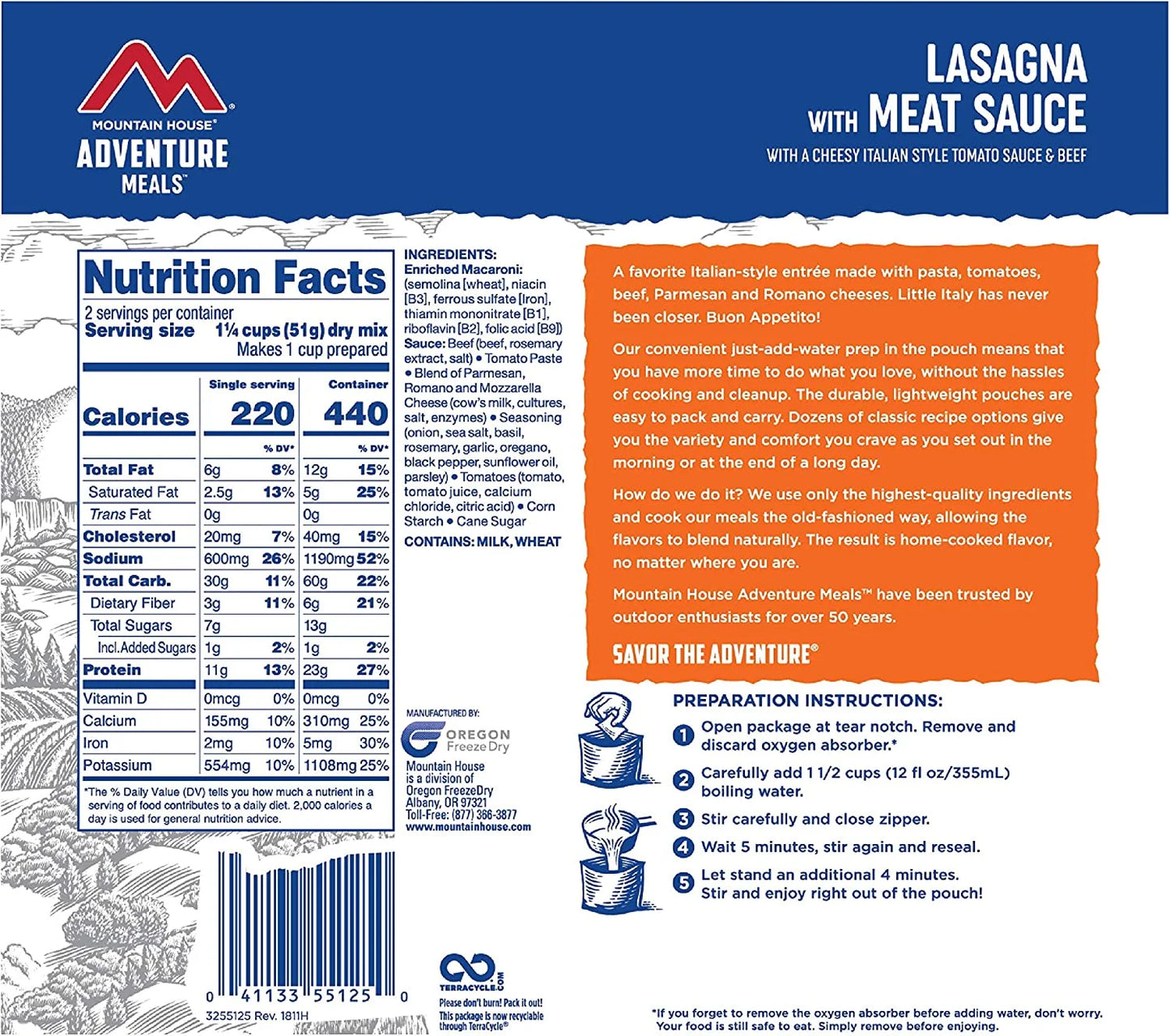 Lasagna with Meat Sauce - 6 Pouches of Delicious Freeze-Dried Backpacking & Emergency Food