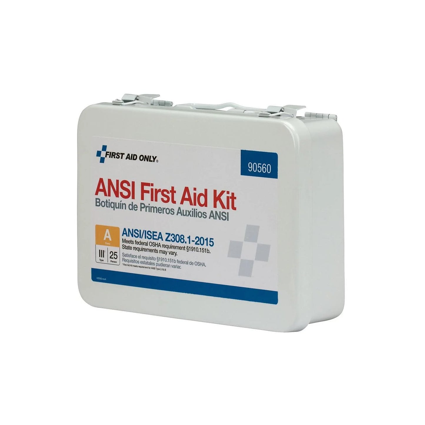 "Class A 25-Person First Aid Kit in a durable metal case, wall-mounted, showcasing its weatherproof design and organized supplies."