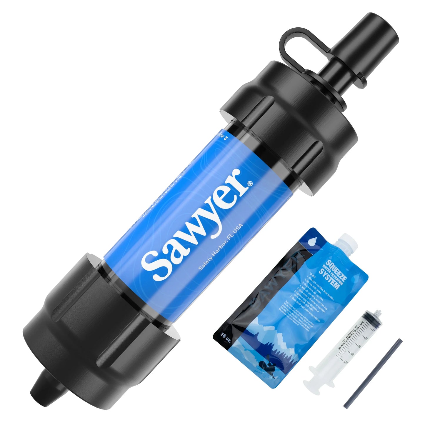 "Sawyer SP128 MINI Water Filter - ultralight 0.1 micron survival water purifier in blue for emergencies and camping.