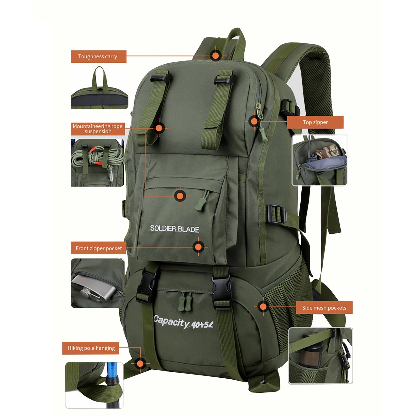"45L Waterproof Backpack - durable climbing daypack for men and women in khaki with built-in emergency whistle and external straps."
