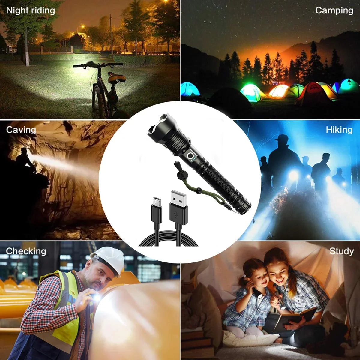 "90,000 Lumens Super Bright Rechargeable Waterproof Flashlight with 5 modes for outdoor adventures and emergencies."