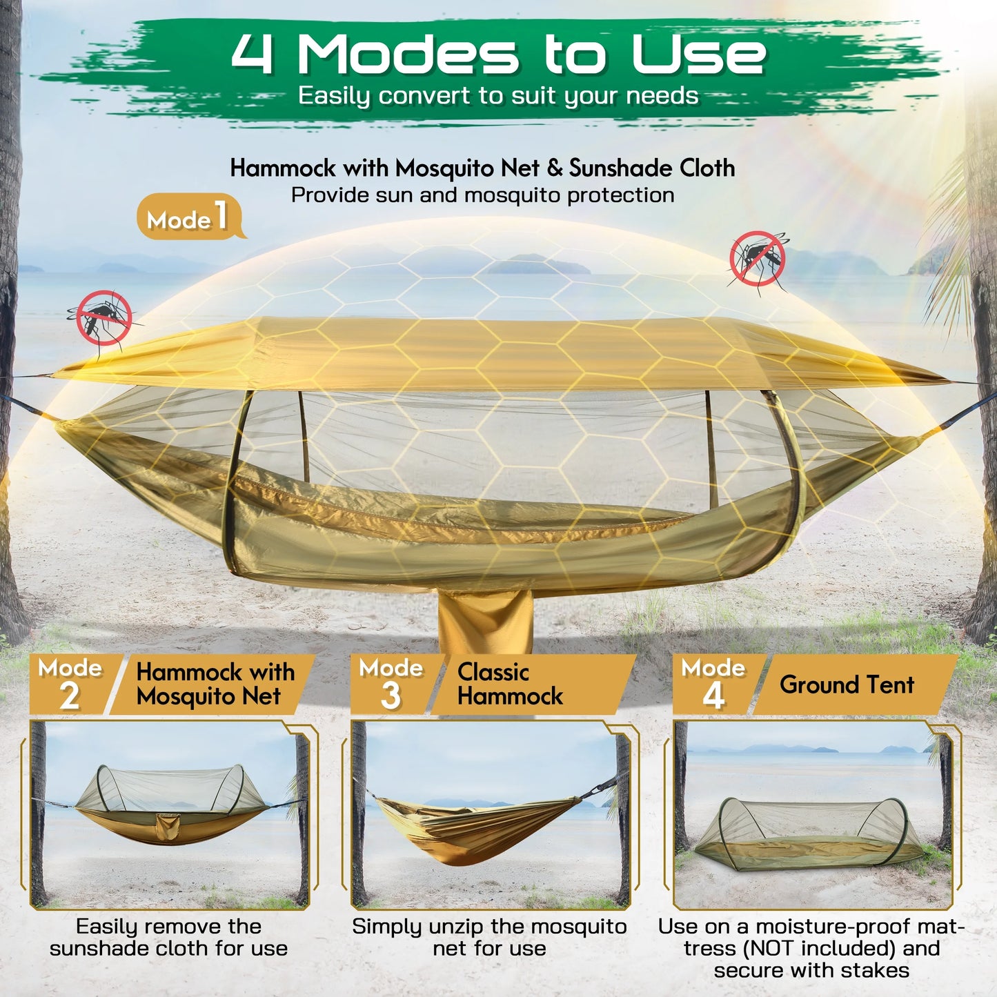 3-in-1 Portable Camping Hammock Tent - 550Lbs Capacity, Compact Design (15.7 x 9 inches) - Black