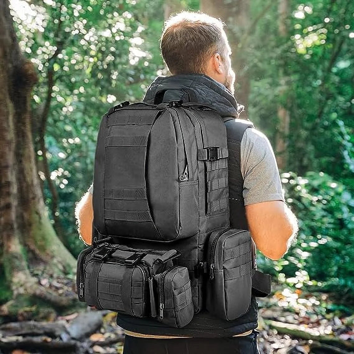 "Brightify 60L Camping & Hiking Backpack in black - water-resistant, spacious, and perfect for outdoor adventures."
