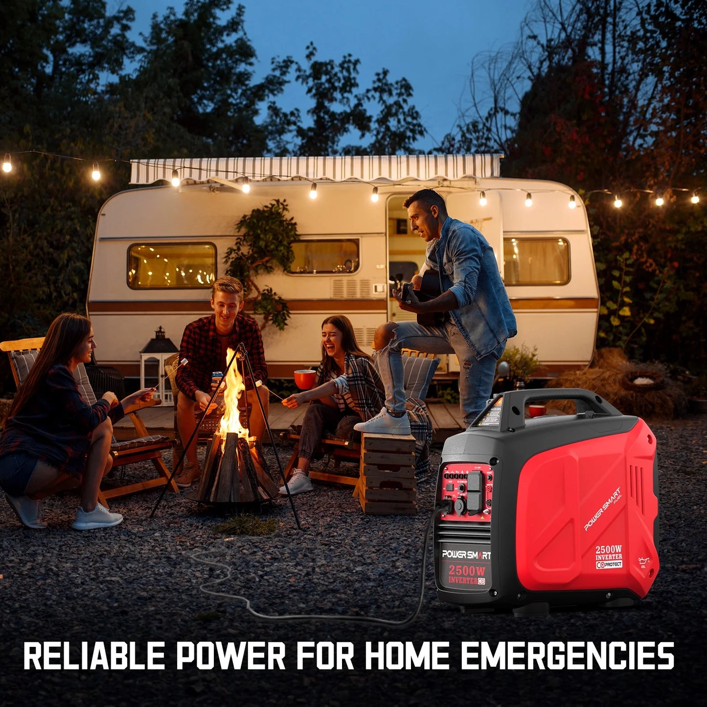 PowerSmart Portable Inverter Gas Generator with CO detection, low oil shutdown, and lightweight design for camping and emergencies.