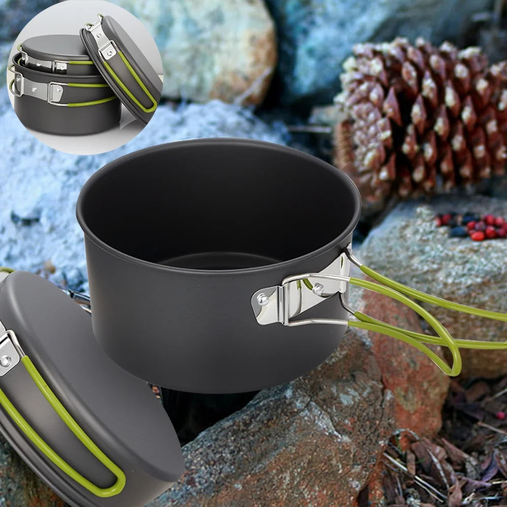 Emergency Cookware Set featuring a stackable, non-stick design, lightweight build, and compact size, perfect for camping, bug-out bags, and emergency preparedness.