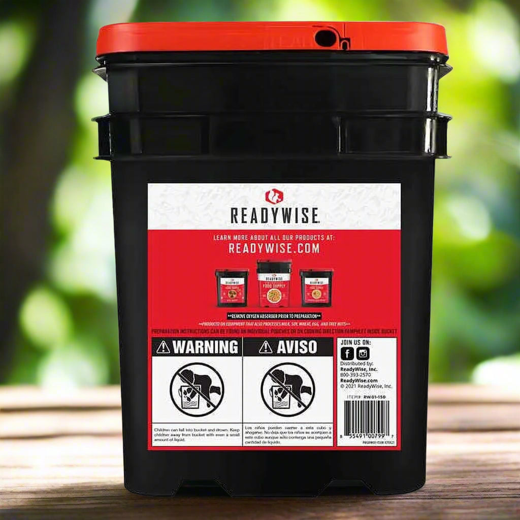 "ReadyWise 150-Serving Emergency Food Bucket - complete meal kit with 25-year shelf life, breakfast, entrees, and sides."
