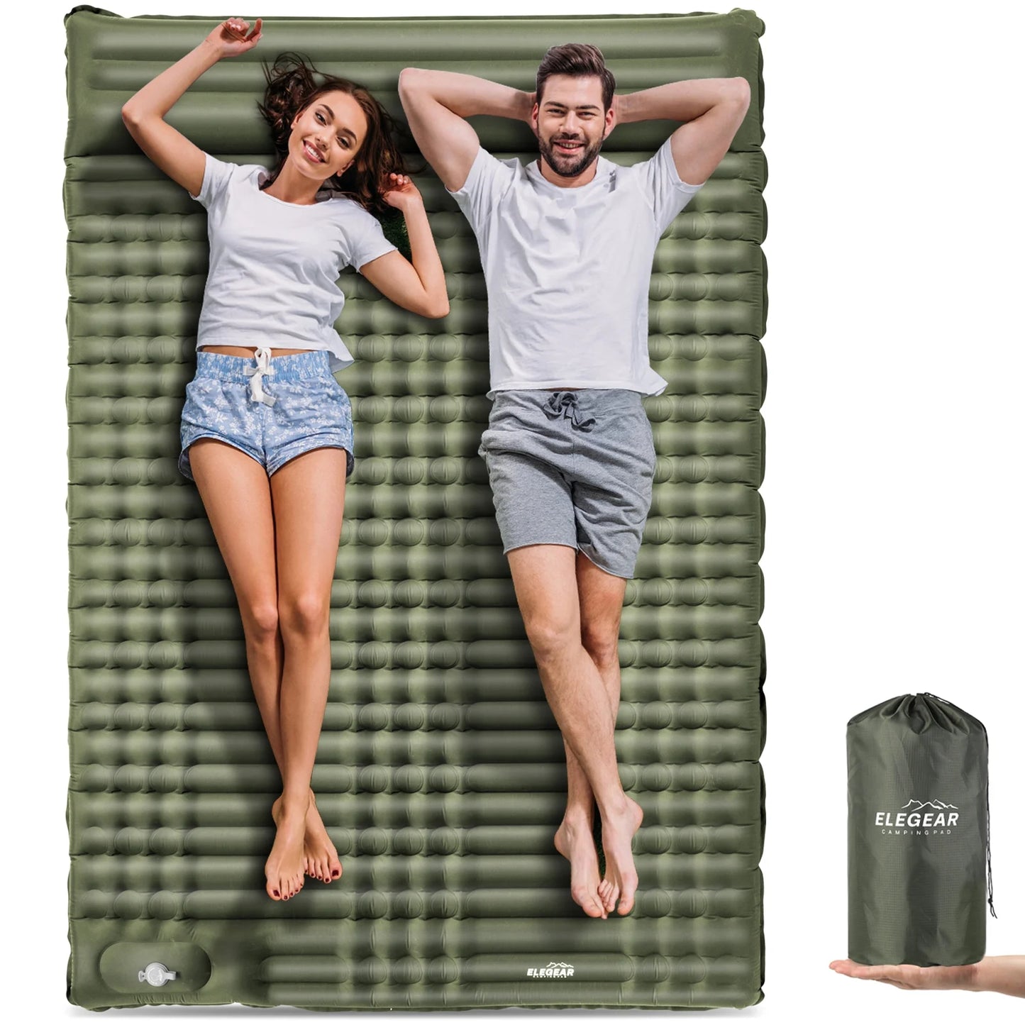 Image of a double camping pad with a 79"x55" size, featuring a built-in foot pump, waterproof 40D nylon material, and ripple air cell design, ideal for camping and emergency preparedness, displayed on a clean white background.