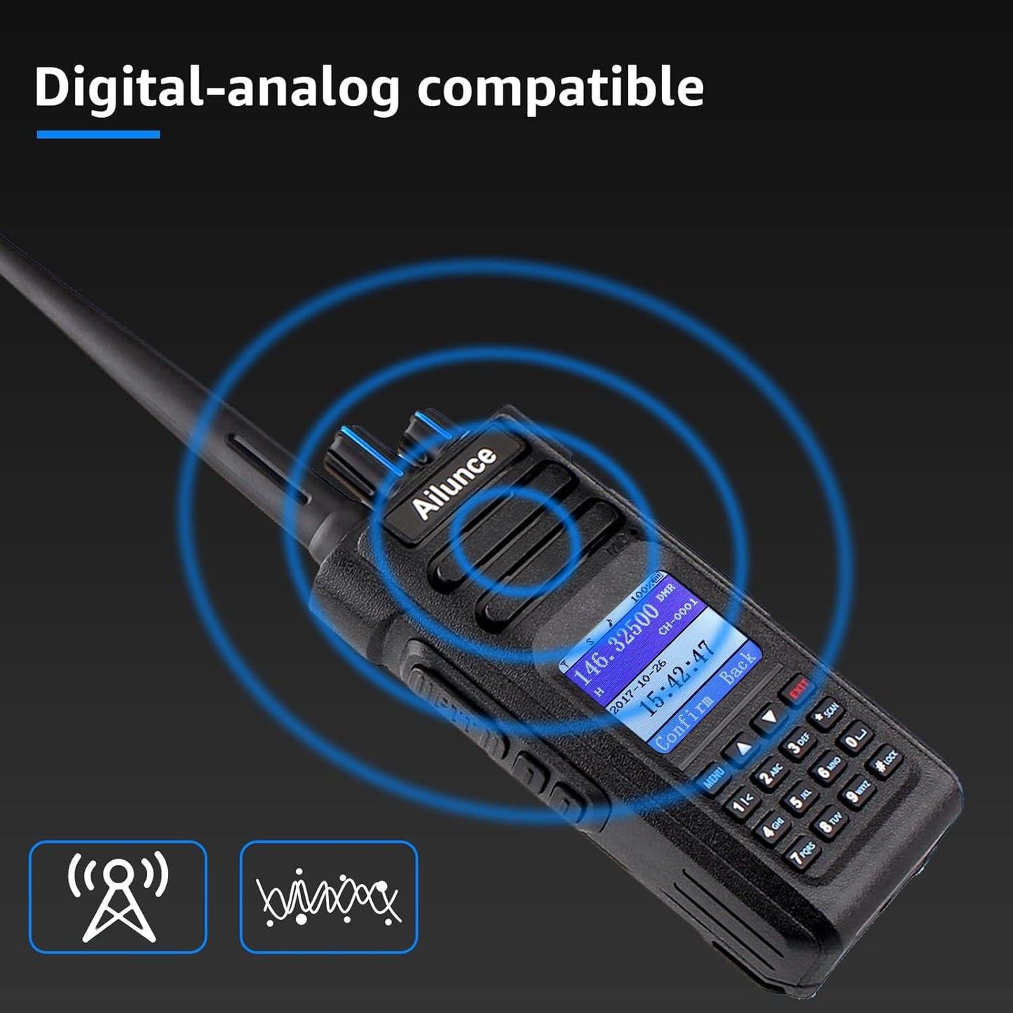 Image of the HD1 Dual Band Two-Way Radio featuring a durable design, long-range capability, and emergency alarm, ideal for outdoor adventures and emergency preparedness, displayed on a clean white background.