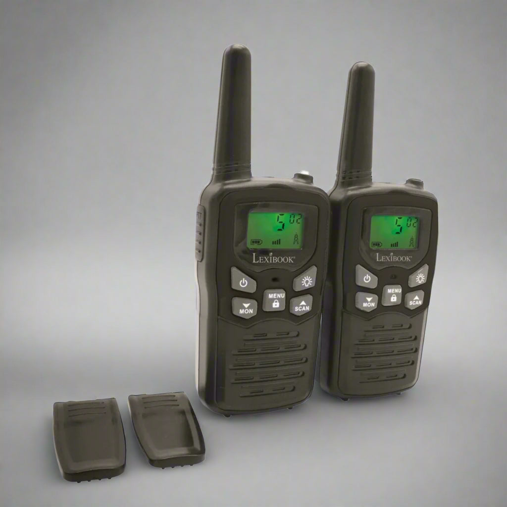 "High-Performance Black Digital Walkie Talkies – 5-mile range, 8 channels, and LCD screen for outdoor adventures."