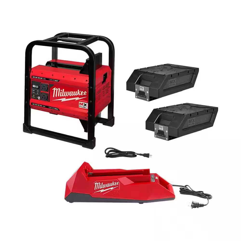Image of the MX FUEL 3600W/1800W Portable Battery Generator with 2 XC batteries and a charger, showcasing a compact design with an integrated carry handle, displayed on a clean white background.