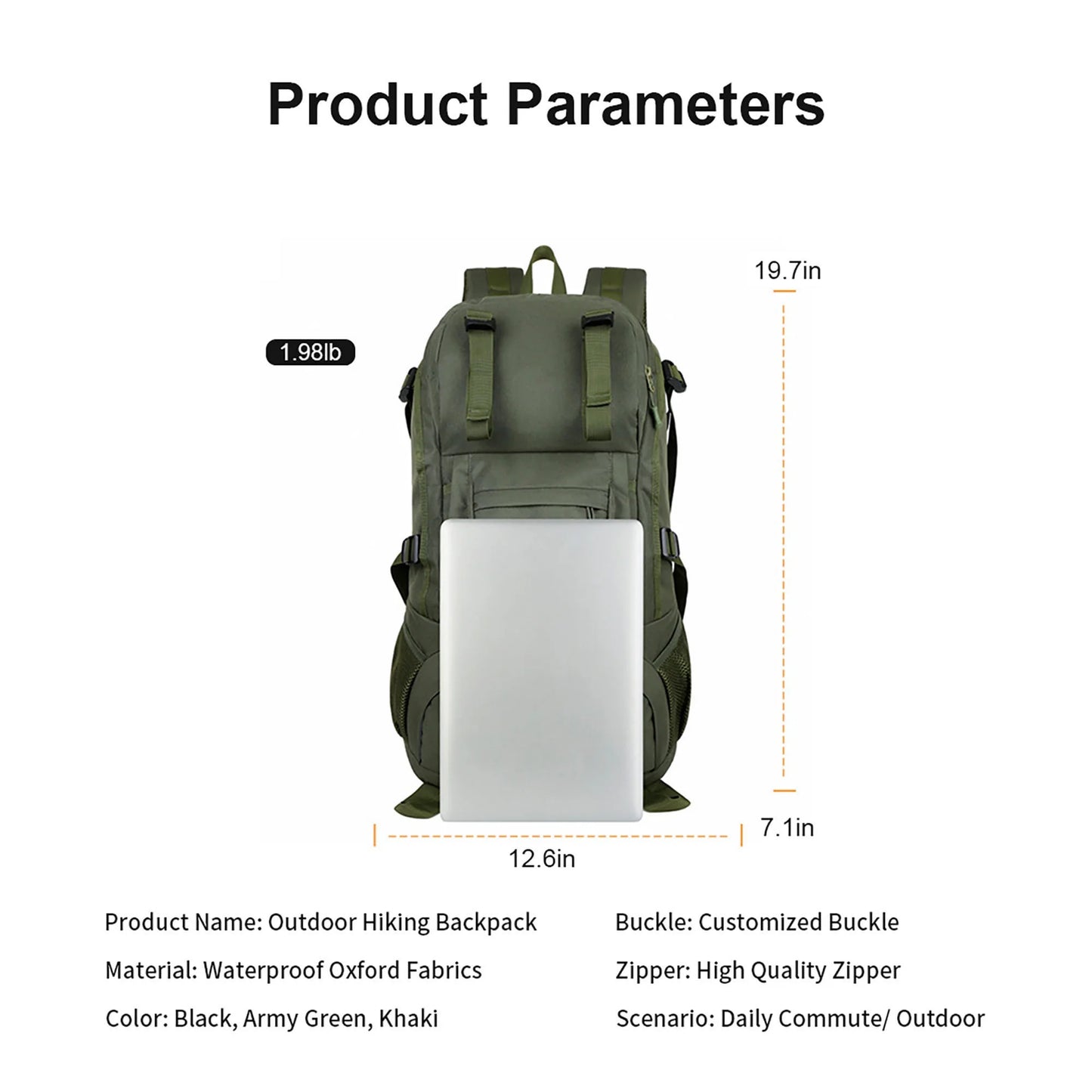 "45L Waterproof Backpack - durable climbing daypack for men and women in khaki with built-in emergency whistle and external straps."