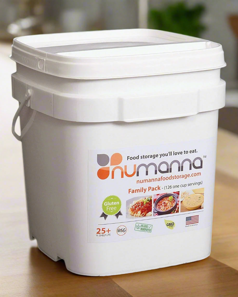 Image of an emergency food storage kit featuring a 25+ year shelf life, separate rations bucket, and clean, GMO-free ingredients, ideal for long-term survival and preparedness, displayed on a clean white background.
