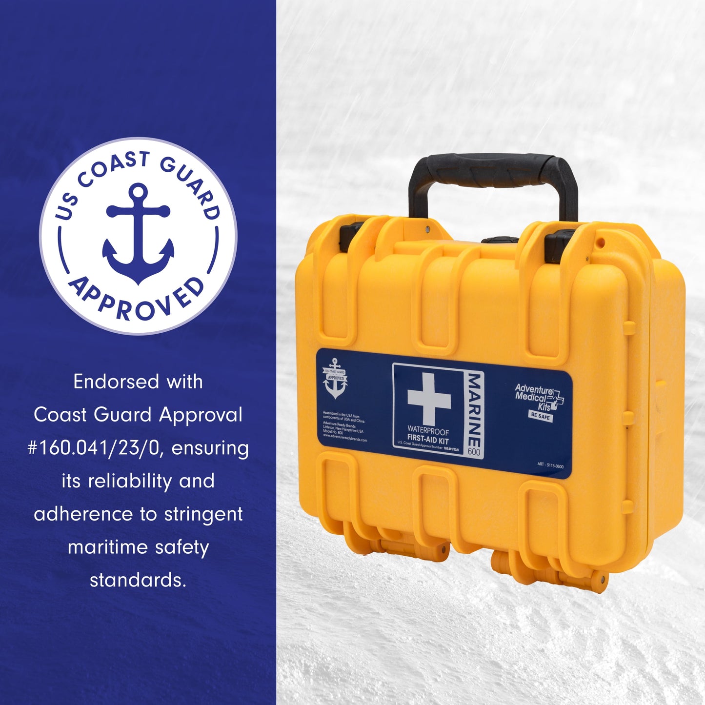 "USCG Approved Marine First Aid Kit with waterproof case, designed for 8-person boating emergencies."
