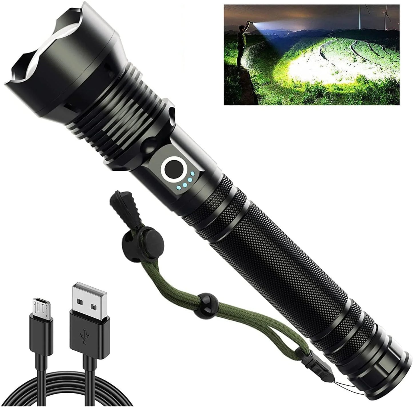 "90,000 Lumens Super Bright Rechargeable Waterproof Flashlight with 5 modes for outdoor adventures and emergencies."