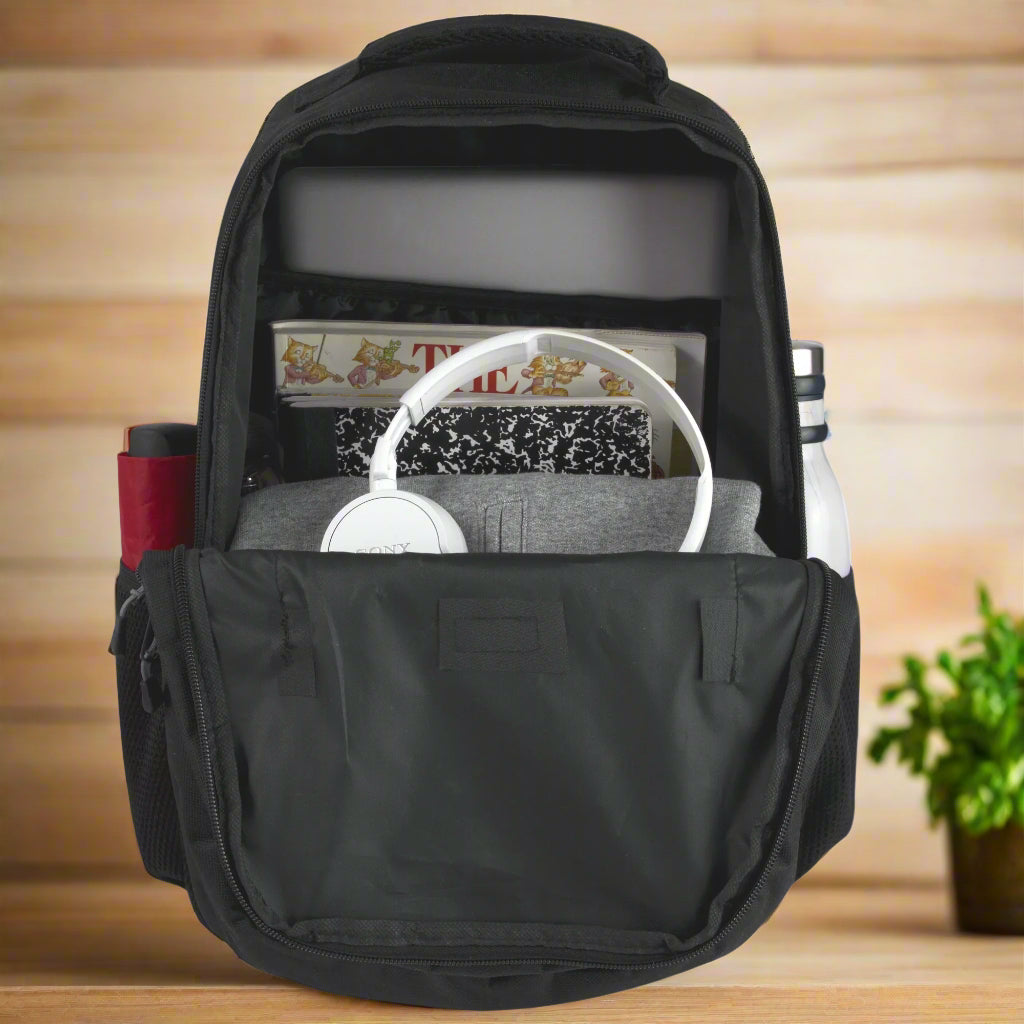 Heavy Duty 19 Inch Dual Compartment Laptop Backpack in black, featuring spacious compartments, skateboard straps, and a durable design. Perfect for carrying laptops, books, and gear for work, school, travel, or outdoor adventures.