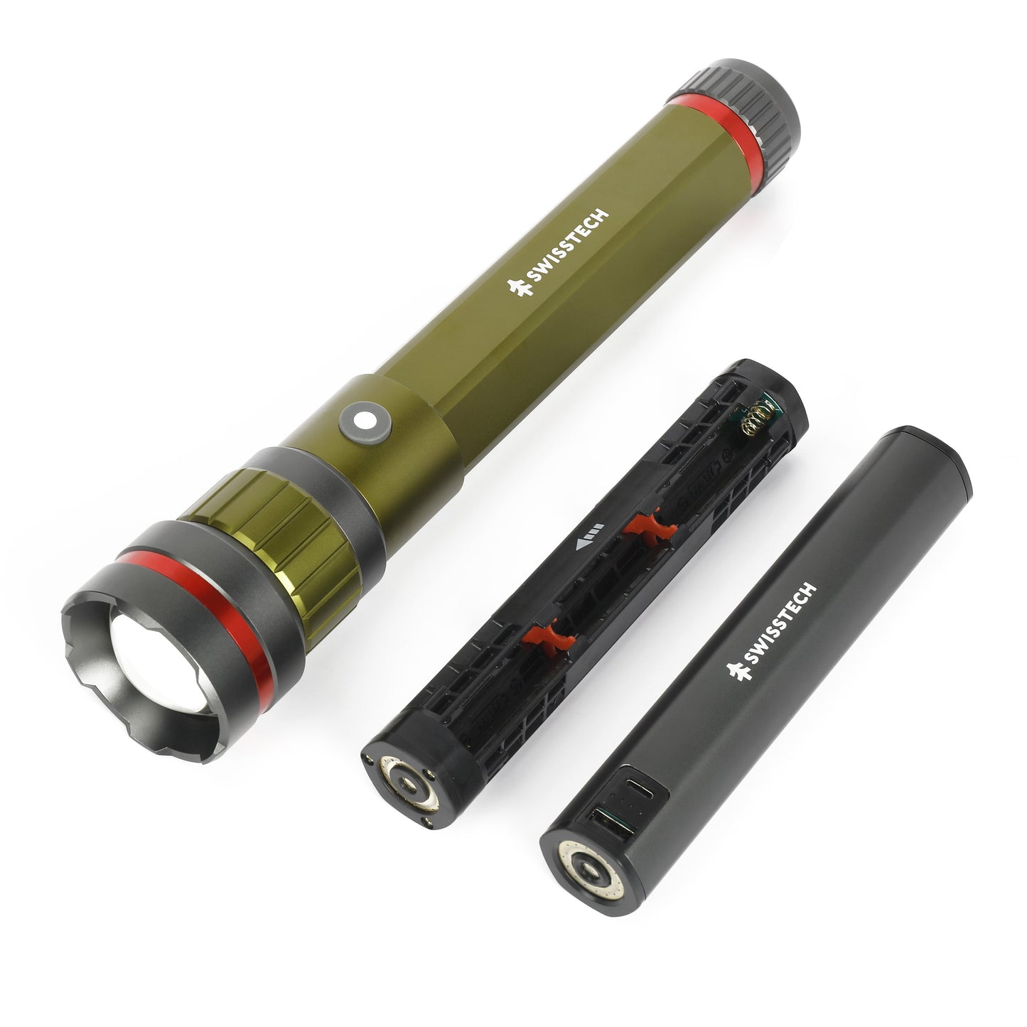 "6500 Lumen Rechargeable LED Flashlight - dual power AA/USB, built-in charging bank, and IP67 waterproof design."