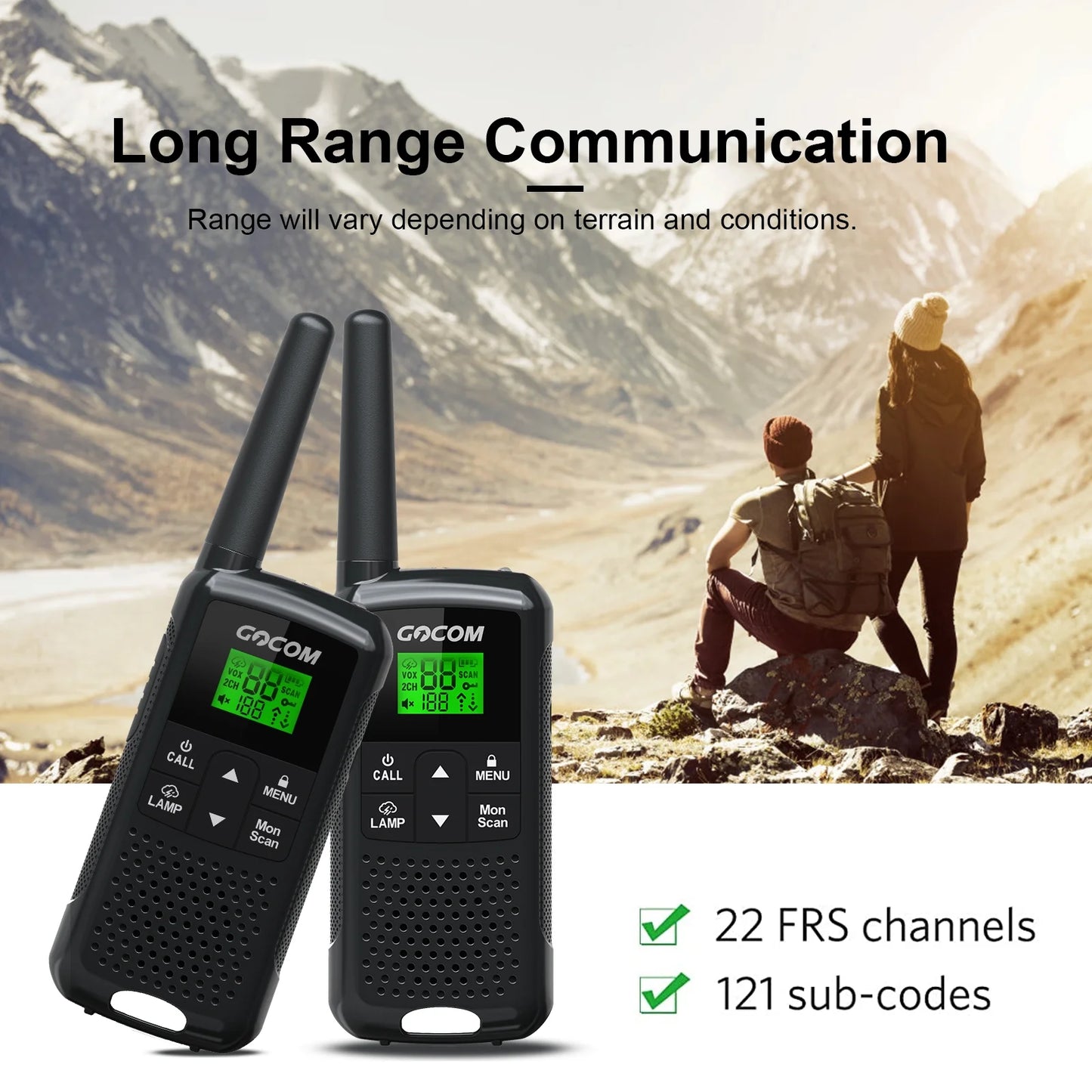 Image of a 4-pack of walkie-talkies for adults, featuring long-range communication, rechargeable power, LED light, and 22 FRS channels with weather alerts, displayed on a clean white background.