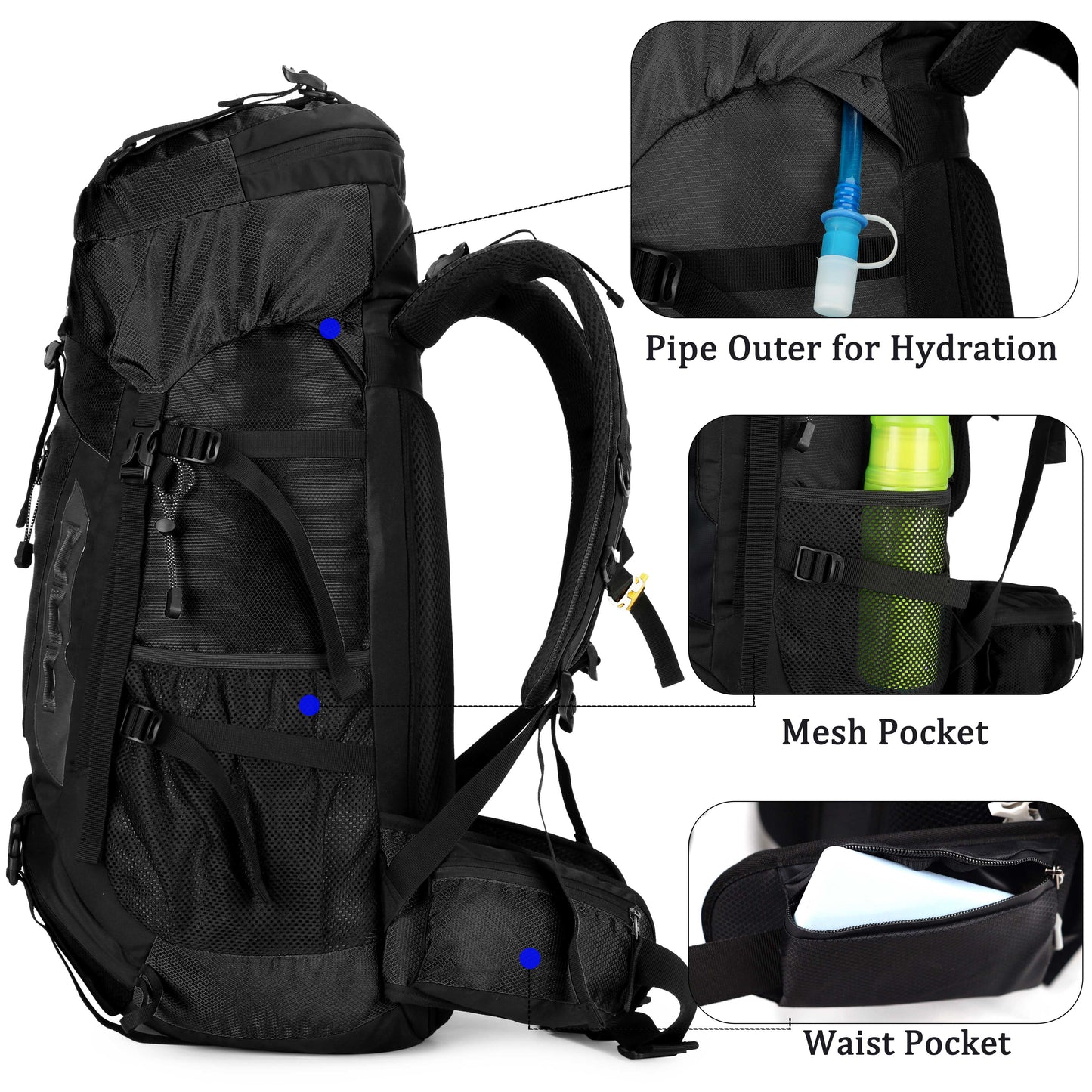"TrekMate 60L Waterproof Travel Backpack with rain cover - perfect for hiking, camping, and outdoor adventures."