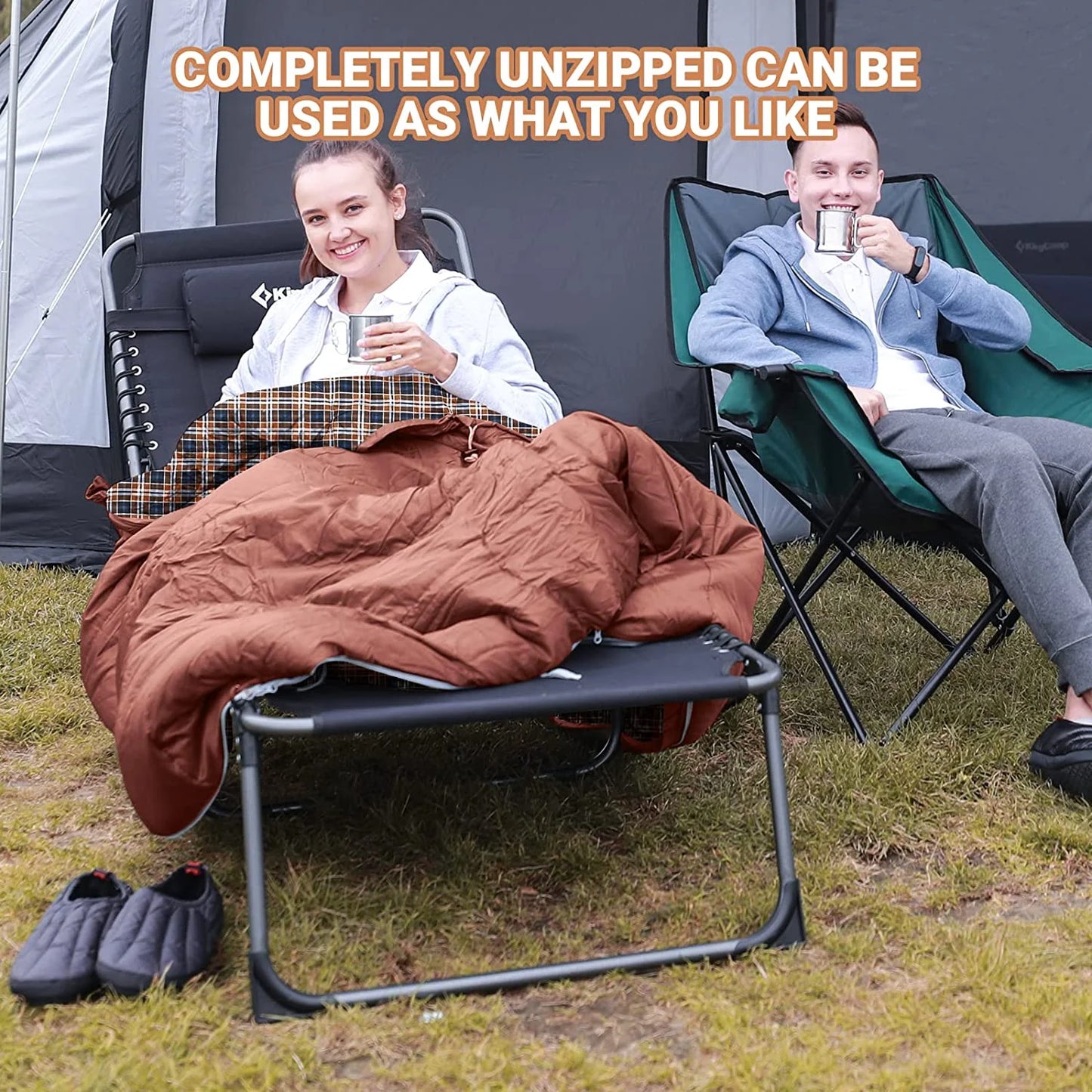 Image of a 4-season flannel sleeping bag in a coffee color, featuring a water-resistant outer shell, flannel interior, and spacious dimensions of 74.8" x 33", displayed on a clean white background.