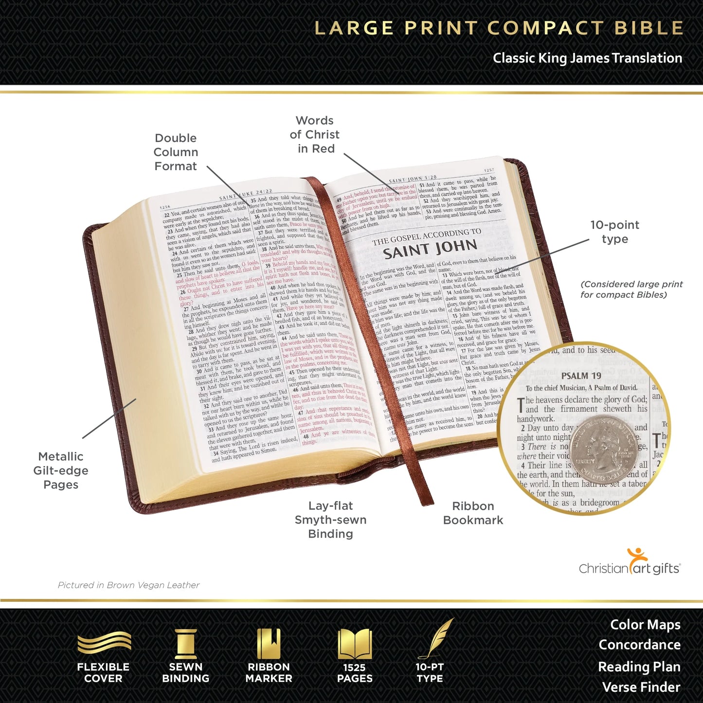 Compact Large Print KJV Holy Bible - Dark Brown Faux Leather, Red Letter Edition with Ribbon Marker