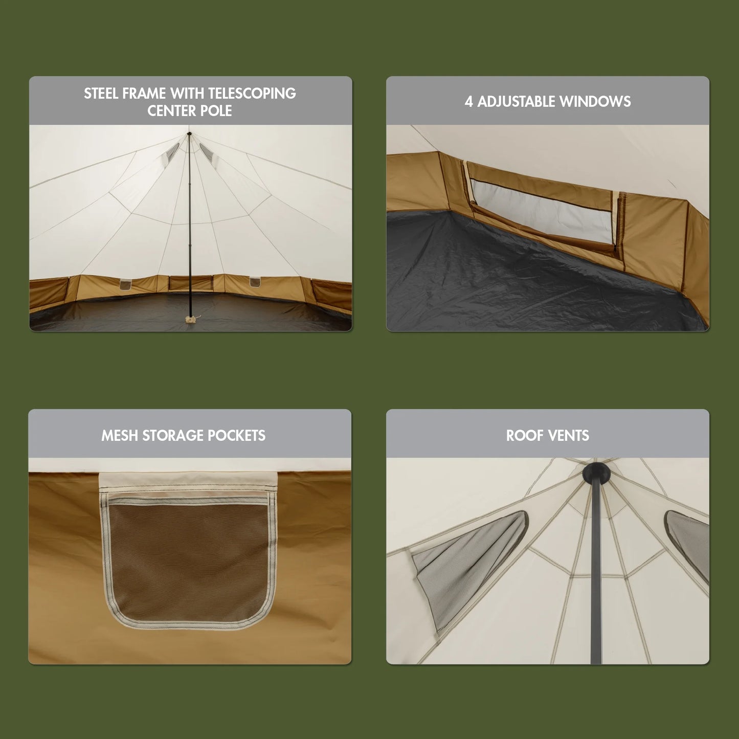 "8-Person Instant Cabin Tent set up in a campsite, showcasing its spacious interior, LED lighted poles, and durable design."