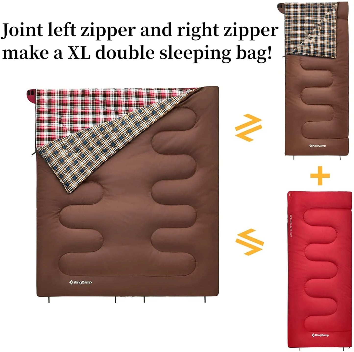 Image of a 4-season flannel sleeping bag in a coffee color, featuring a water-resistant outer shell, flannel interior, and spacious dimensions of 74.8" x 33", displayed on a clean white background.