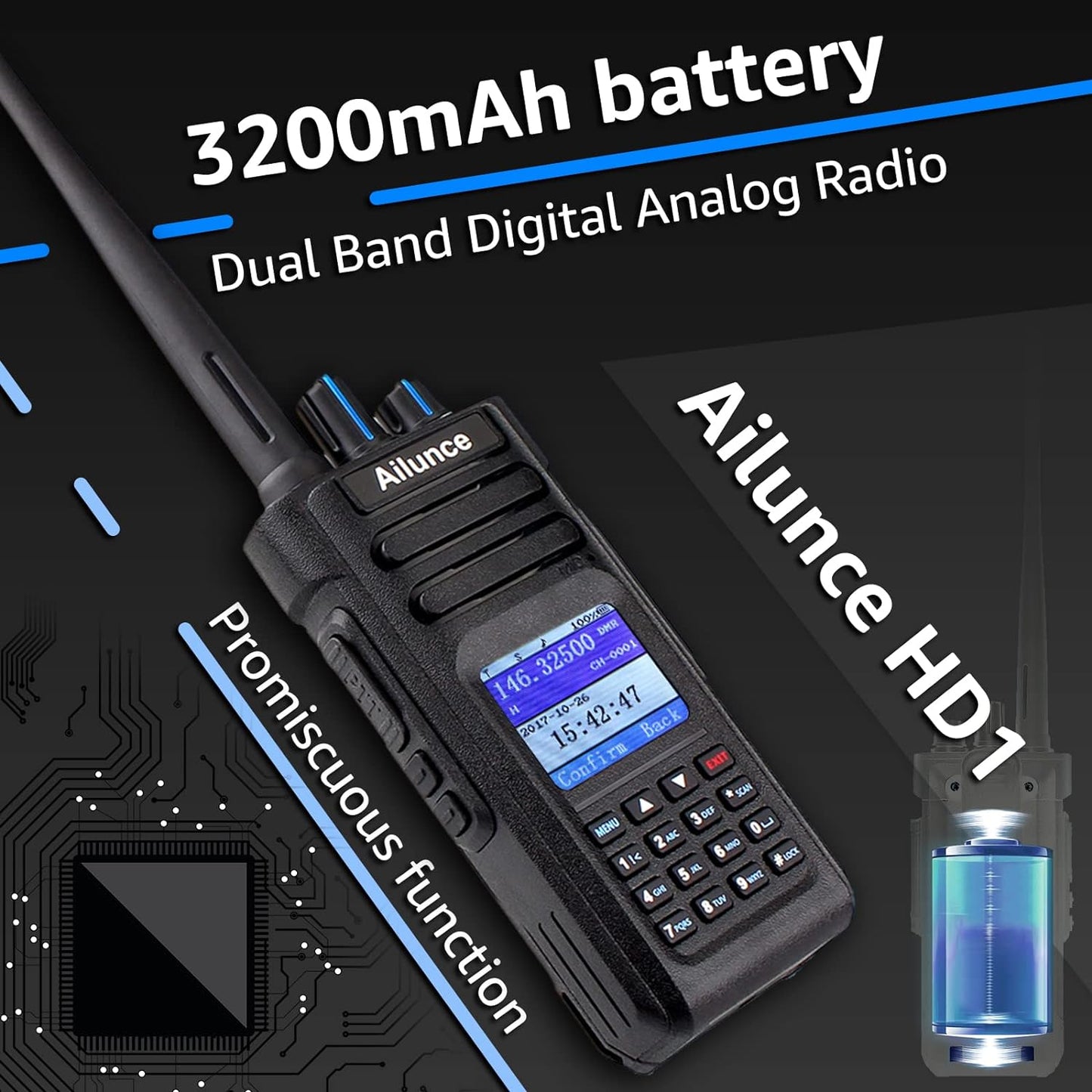 Image of the HD1 Dual Band Two-Way Radio featuring a durable design, long-range capability, and emergency alarm, ideal for outdoor adventures and emergency preparedness, displayed on a clean white background.