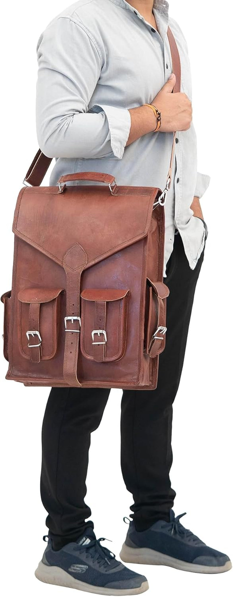 Shy Shy Premium 18-Inch Brown Leather Laptop Backpack - Stylish 2-in-1 Handmade Sling Rucksack for Men & Women