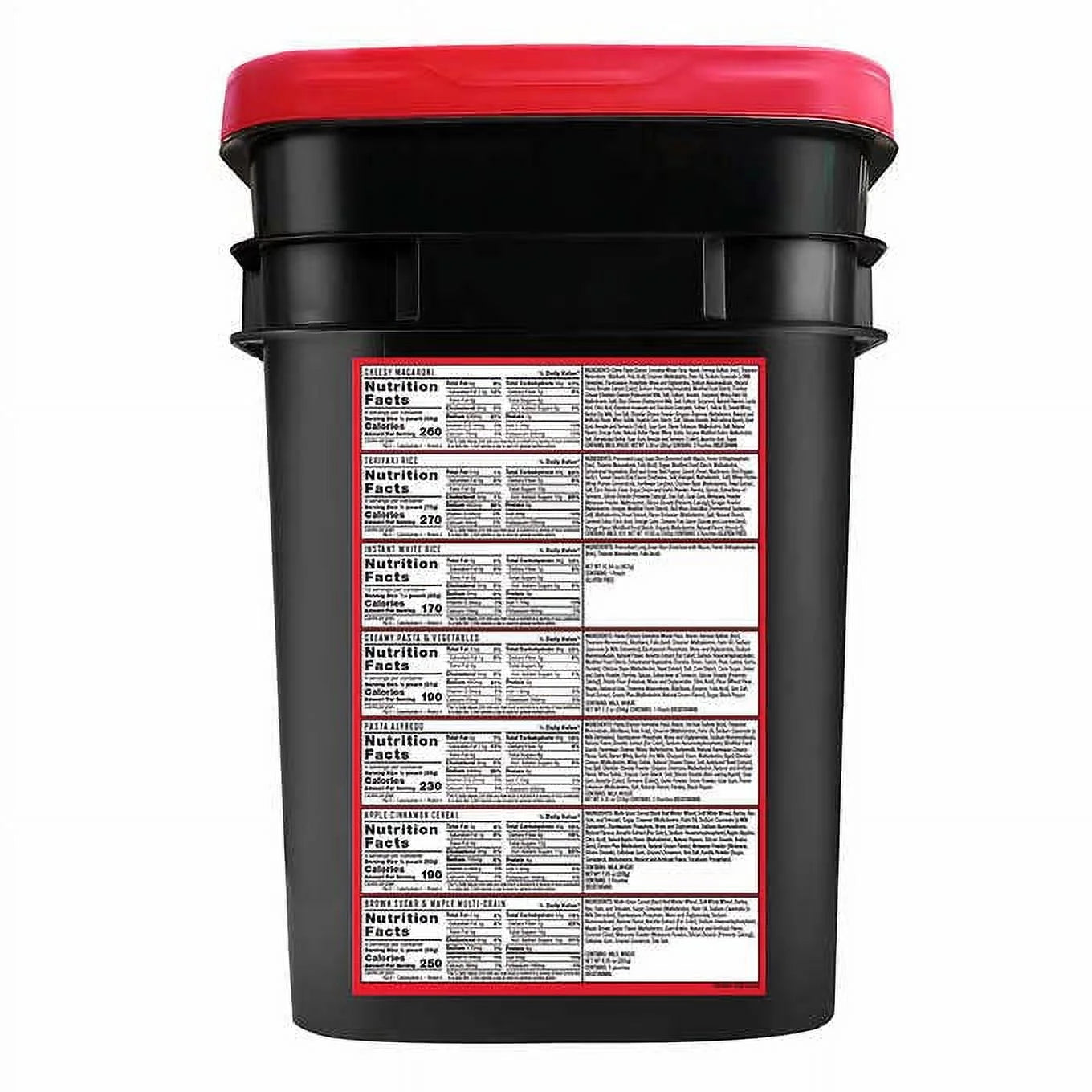 "ReadyWise 150-Serving Emergency Food Bucket - complete meal kit with 25-year shelf life, breakfast, entrees, and sides."