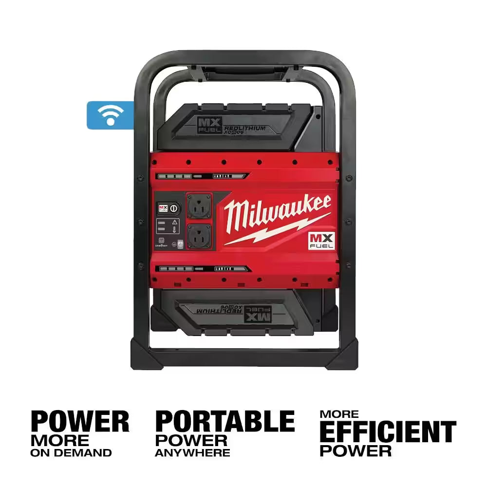 Image of the MX FUEL 3600W/1800W Portable Battery Generator with 2 XC batteries and a charger, showcasing a compact design with an integrated carry handle, displayed on a clean white background.