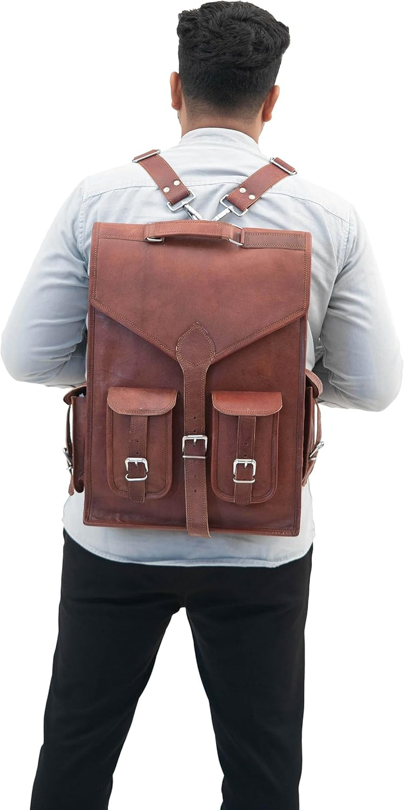 Shy Shy Premium 18-Inch Brown Leather Laptop Backpack - Stylish 2-in-1 Handmade Sling Rucksack for Men & Women