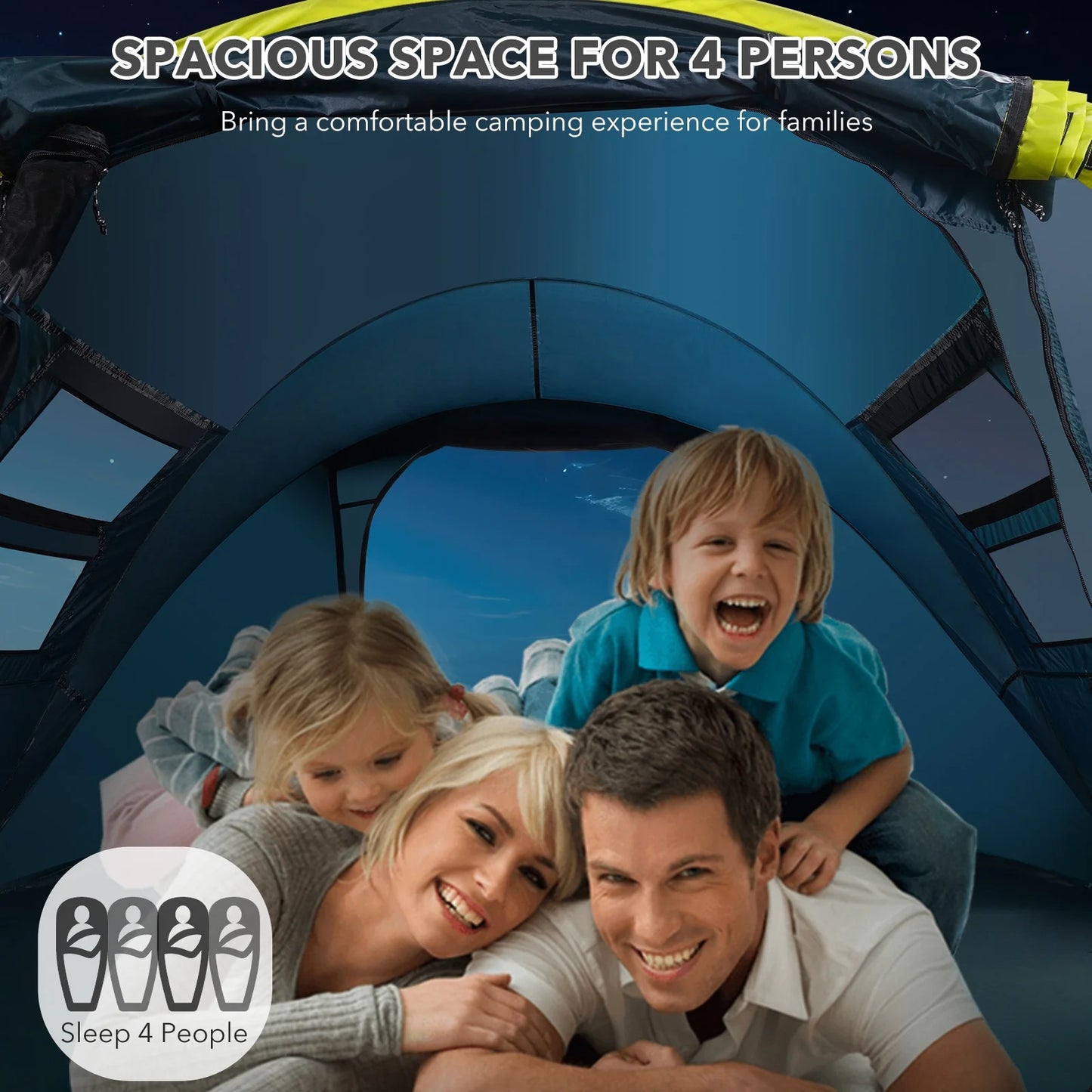 "4-Person Waterproof Pop-Up Instant Tent - spacious doors and windows, dark blue, perfect for camping."