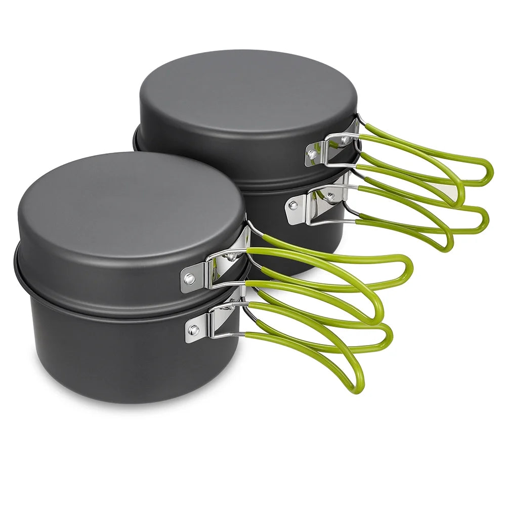 Emergency Cookware Set featuring a stackable, non-stick design, lightweight build, and compact size, perfect for camping, bug-out bags, and emergency preparedness.
