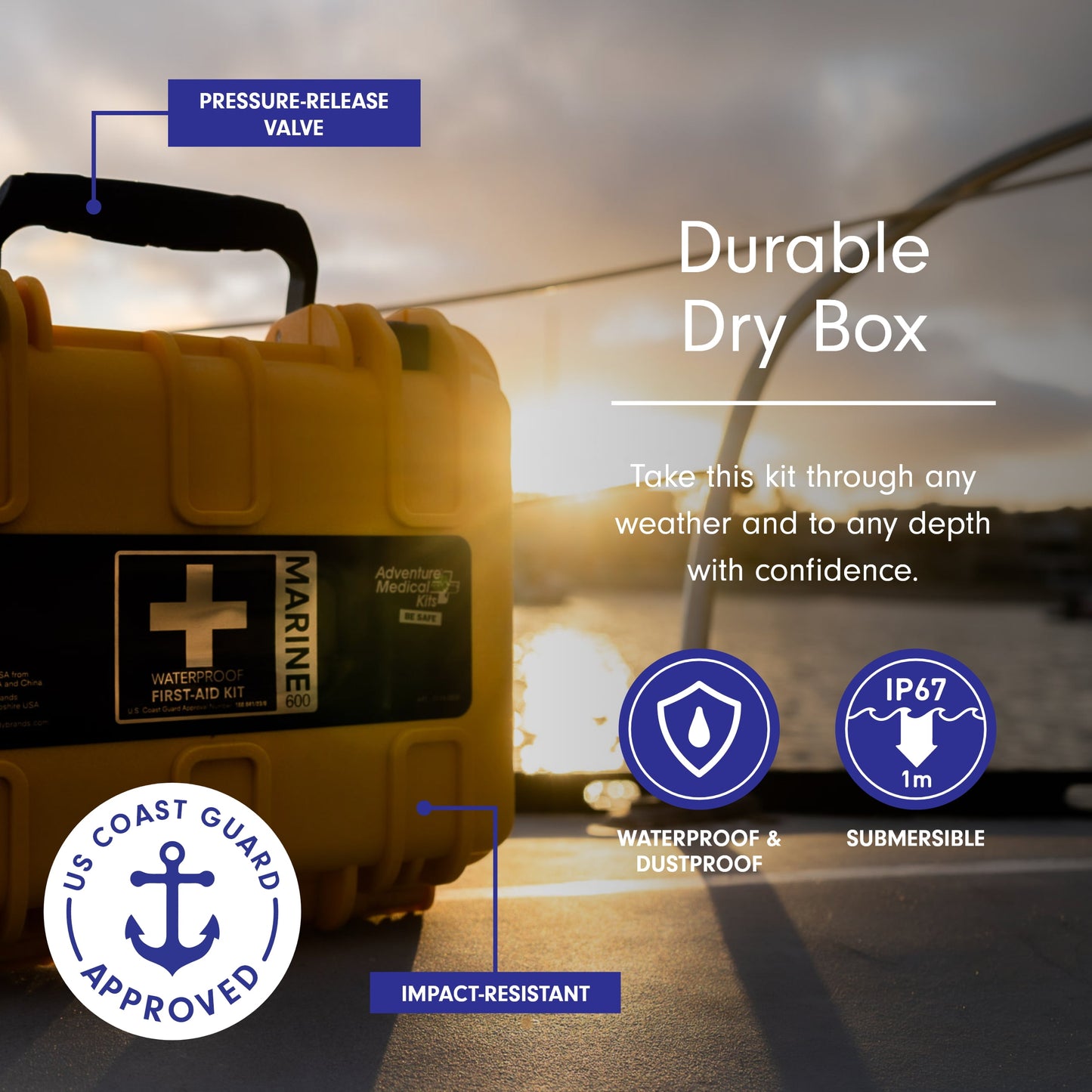 "USCG Approved Marine First Aid Kit with waterproof case, designed for 8-person boating emergencies."