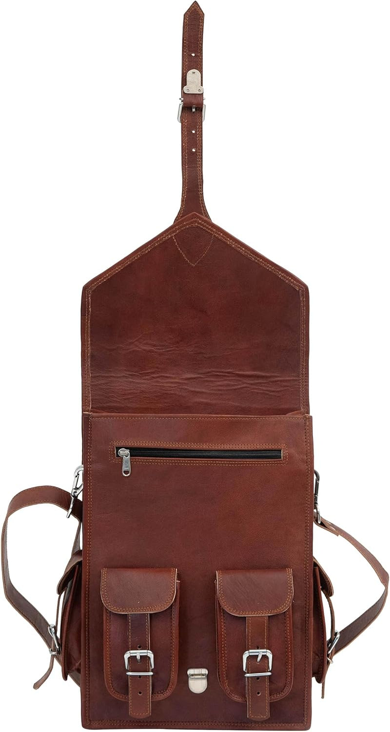 Shy Shy Premium 18-Inch Brown Leather Laptop Backpack - Stylish 2-in-1 Handmade Sling Rucksack for Men & Women